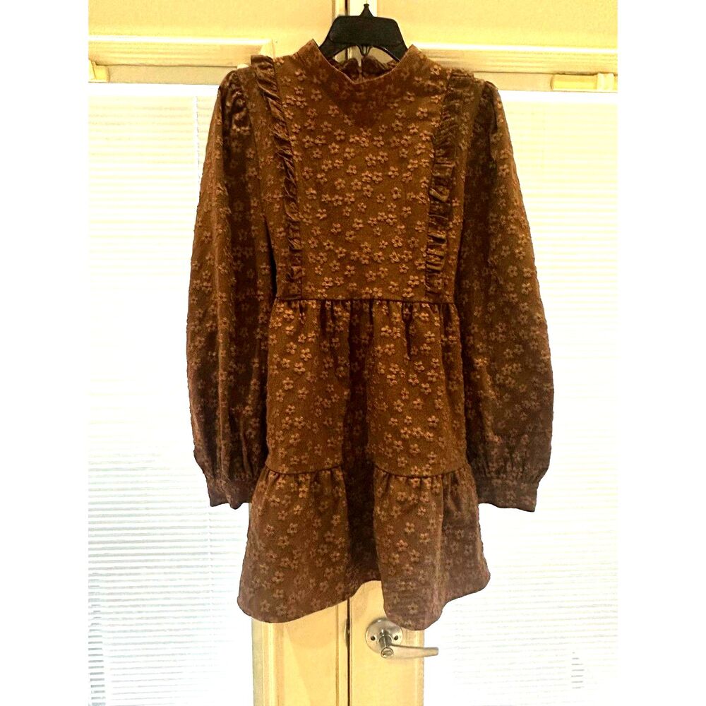 Cider Brown Ditsy Floral Long Sleeve Tiered Mini Dress Ruffle Large L